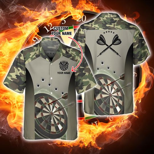 Custom Camo Darts Hawaiian Shirt, Custom Name Dartboard Shirt for Dart Players