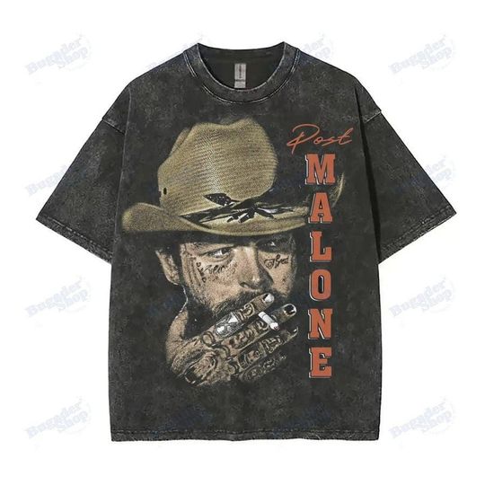Post Malone Cowboy Cigar T-Shirt  Vintage Washed Graphic Tee  Western Tattoo Art Shirt