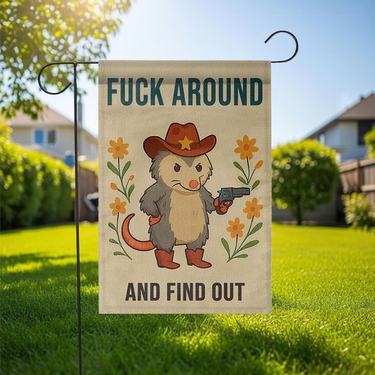 Funny Opossum Garden Flag, Find Out Yard Deco,r Cowboy Critter Outdoor Flag