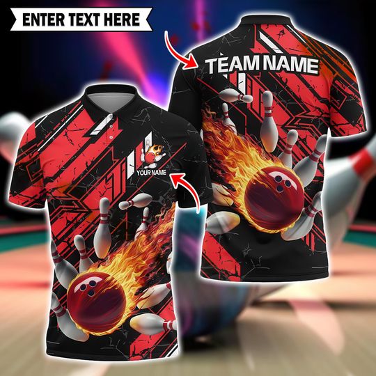 Personalized Bowling Team Polo, Flaming Fireball Strike Design