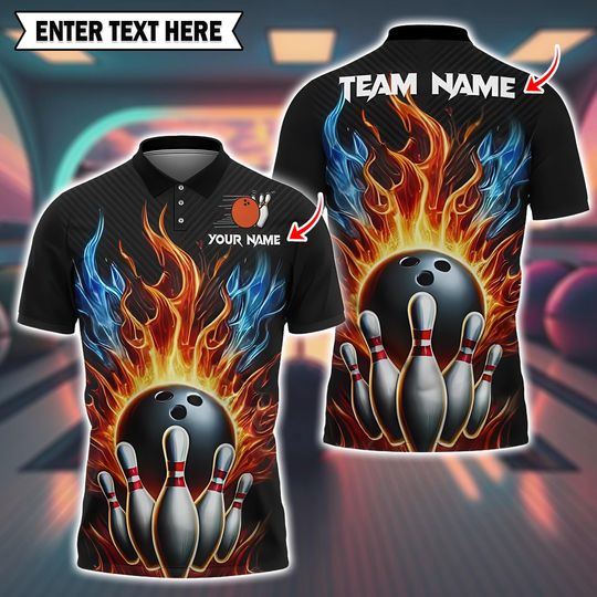 Personalized Flaming Bowling Polo, Multicolor Fireball Design