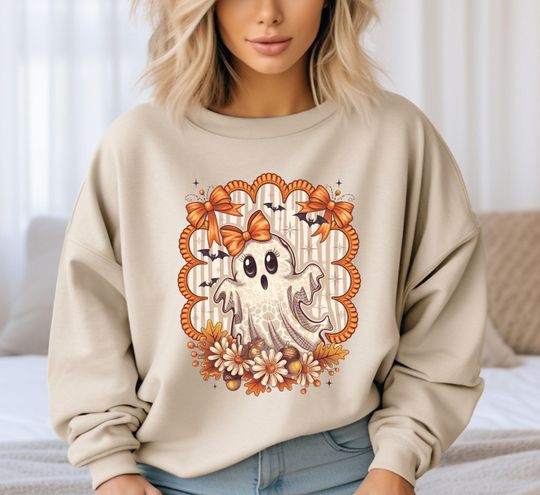 Fall Halloween Sweatshirt, Cute Ghost Sweatshirt, Coquette Bow Ghost Sweatshirt, Floral Ghost Sweatshirt, Spooky Season