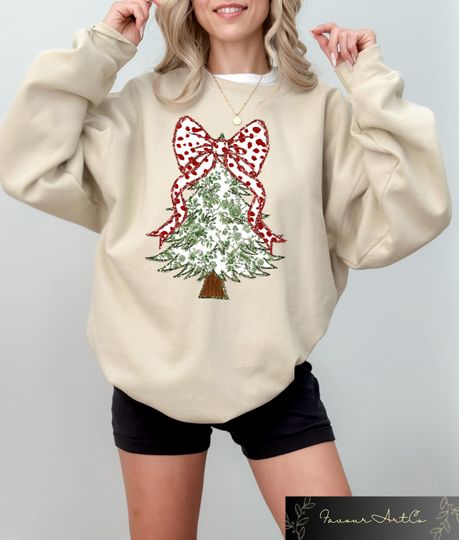 Christmas Tree Bow Shirt for Women, Toile Christmas Sweatshirt, Festive Coquette Sweater, Funny Christmas Gift