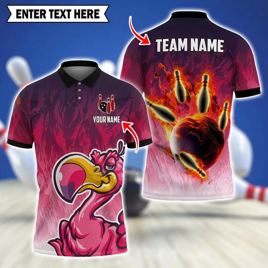 Custom Dodo Mascot Bowling Polo Shirt, Fireball and Flaming Pins Design