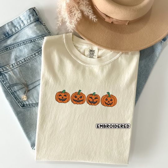 Embroidered Pumpkin T-Shirt, Vintage Halloween Top, Spooky Season Shirt