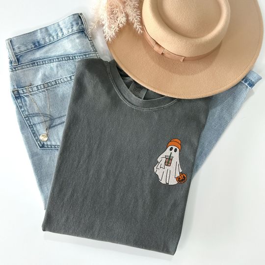 Embroidered Ghost T-Shirt with Iced Coffee and Beanie - Retro Spooky Season Tee
