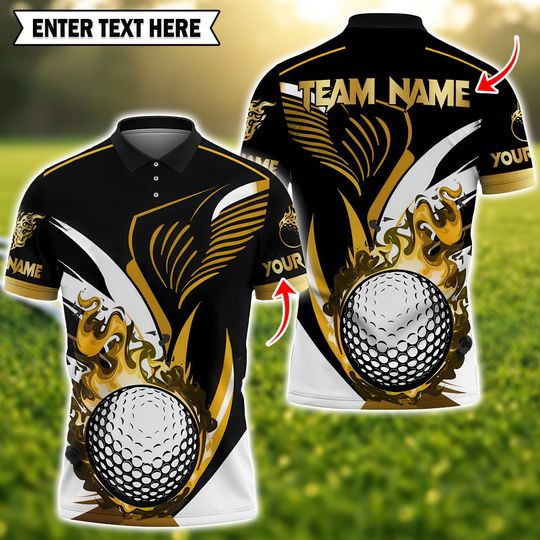 Custom Golden Flame Golf Polo, Personalized Name & Team