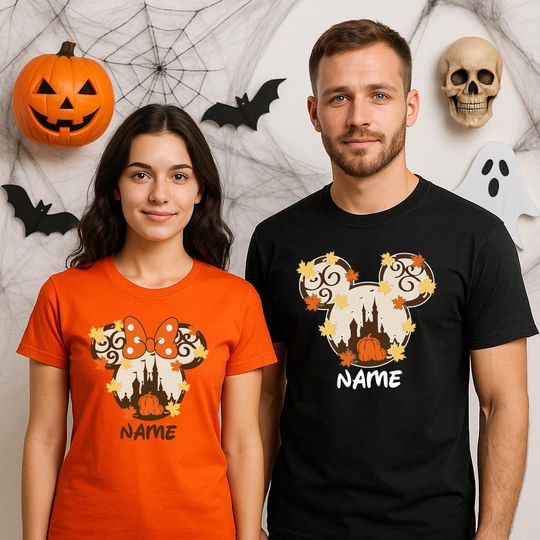 Matching Halloween Shirts For Couple With Pumpkin Mouse Ears And Castle, Personalized Fall Disney Family Outfits For Halloween Trip