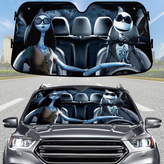 Jack and Sally Car Sunshade, Halloween Nightmare Windshield Cover, Nightmare Before Christmas Car Cover, UV Block Sun Shade For Fans