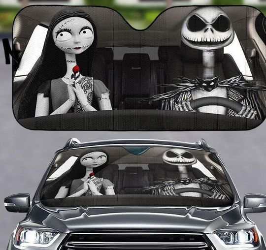 Jack Sally Car Sunshade, Nightmare Before Christmas Windshield Shade, Spooky Car Gift, Car Sunshade Gift