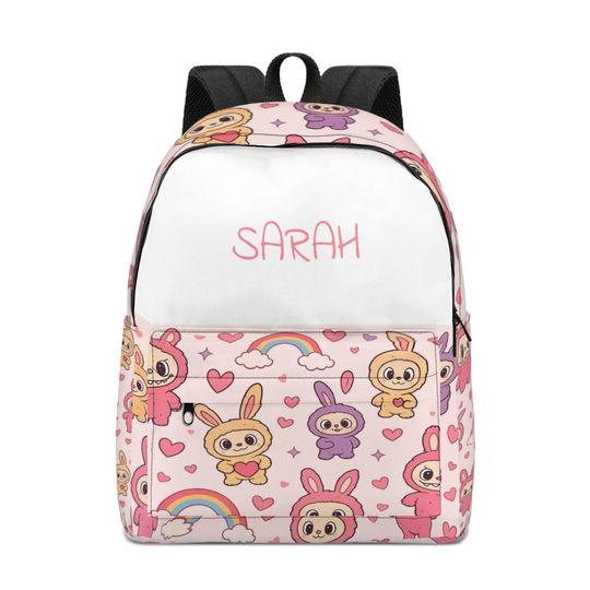 Personalised Labubu Backpack - Rainbow Hearts Pastel School Bag for Teens & Kids