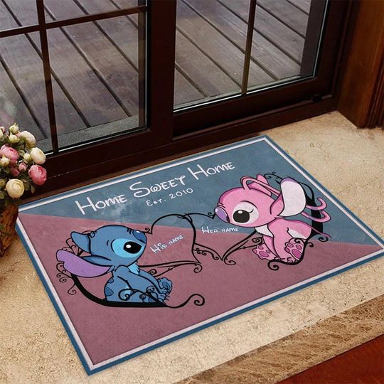 Stitch And Angel Doormat, Lilo And Stitch Rubber Base Doormat, Cute Couple Front Door Rug