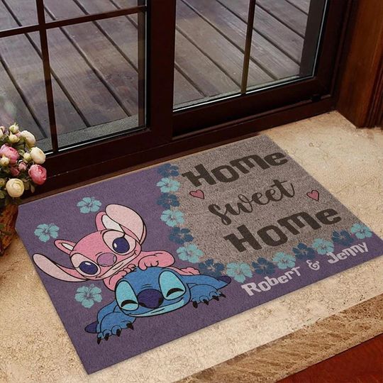 Custom Stitch And Angel Doormat, Lilo And Stitch Welcome Mat, Couple Rubber Base Doormat