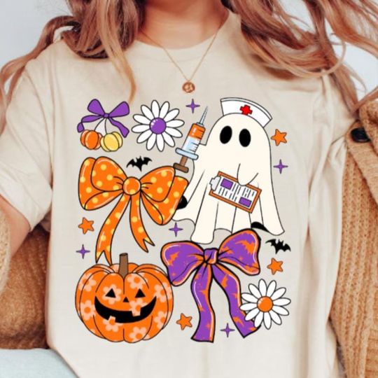 Halloween Nurse T-Shirt, Cute Ghost Nurse, Pumpkin Bow Tee, Spooky Halloween Top, Nurse Appreciation Halloween Shirt