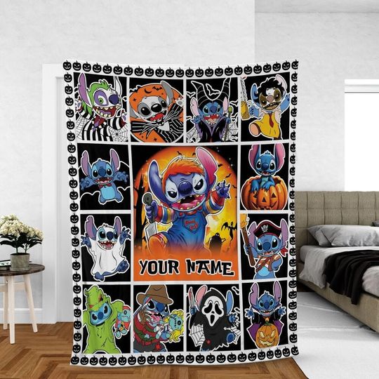 Personalize Disney Stitch Halloween Trick Or Treat Fleece Blanket