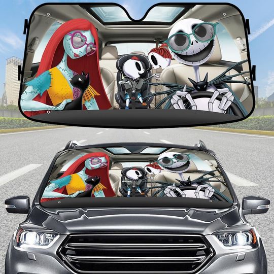 Jack Skellington Car Sunshade, Nightmare Before Christmas Windshield Cover, Jack And Sally Family Car Cover, Halloween Fan Sunshade