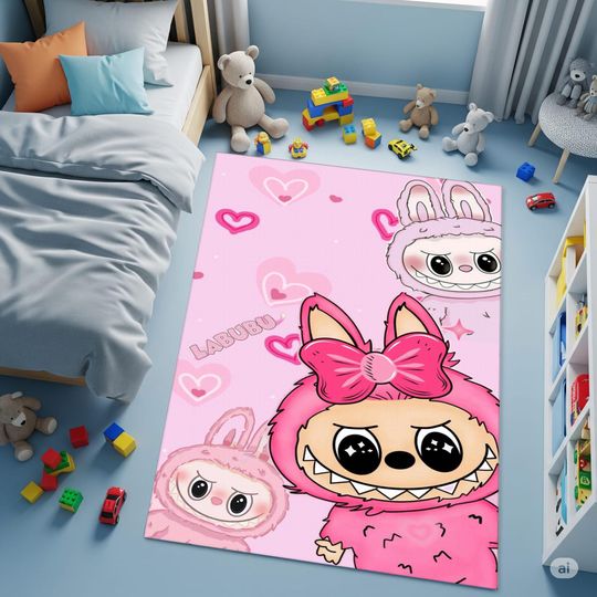 Labubu Monster Pink Kids Rug | Cute Cartoon Playroom Carpet | Washable Nursery Mat