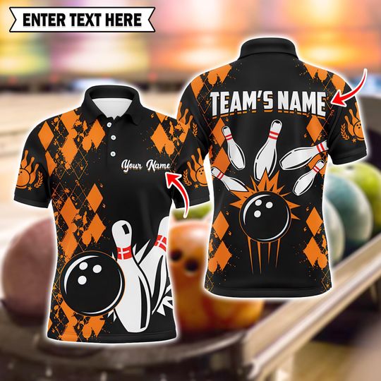 Custom Orange Bowling Shirt, Striking Pins Pattern, Personalized Name and Team