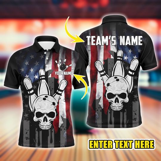 Custom Bowling Polo for Men, Personalized Team Name Jersey with American Flag Design