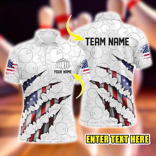 Personalized Patriotic Bowling Polo, American Flag Team Shirts for Men and Women