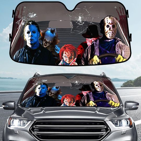Horror Character Car Sunshade, Halloween Slasher Auto Decor, Spooky Season Scary Car Cover, Scary Movie Killer Windshield Cover