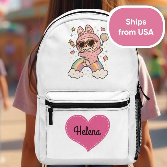Personalized Preppy Labubu Backpack - White Back to School Bag for Girls