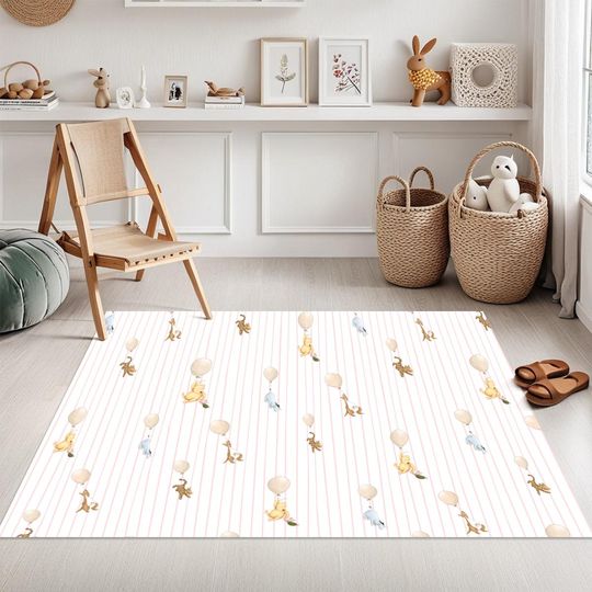 Winnie the Pooh Balloon Adventure Nursery Rug  Soft Cartoon Area Rug for Baby Room
