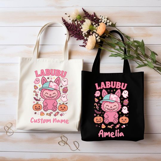 Personalized Labubu Pumpkin Tote Bag - Cute Halloween & Fall Bag with Custom Name