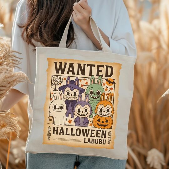 Wanted Labubu Halloween Tote Bag - Cute & Spooky Trick or Treat Bag