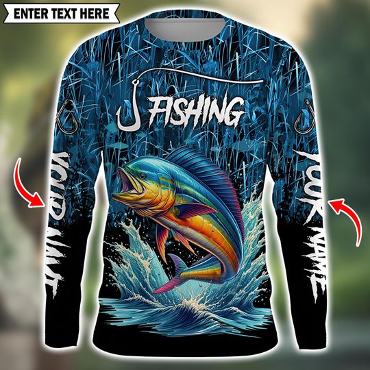 Mahi Mahi Fishing T-Shirt, Custom Name Long Sleeve Fishing Jersey for Men