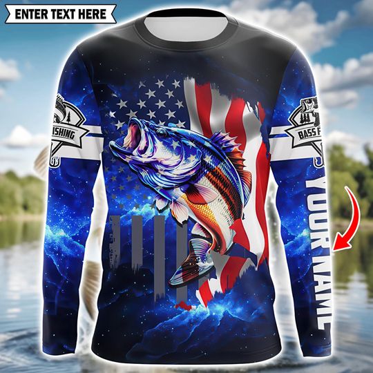3D Bass Fishing Shirt with American Flag, Custom Patriotic Fishing Jersey for Men