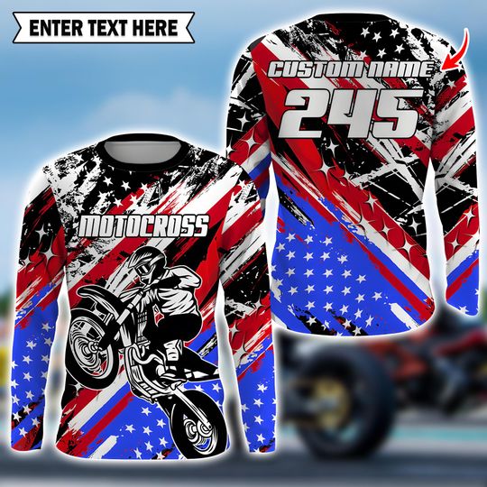 Custom USA Flag Motocross Long Sleeve for Men, Custom Dirt Bike Shirt
