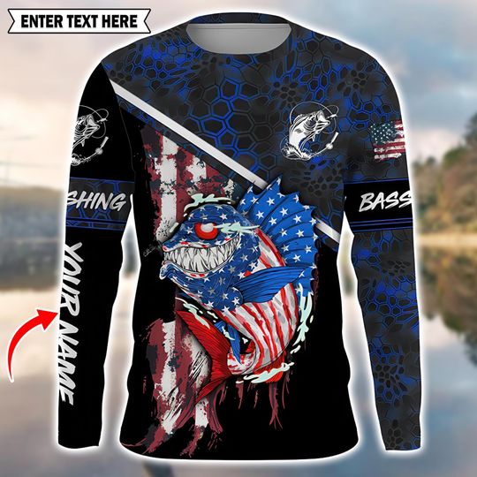 Custom Name American Flag Bass Fishing Shirt
