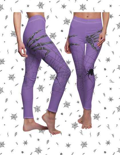 Halloween Skeleton Hand Spider Print Leggings, Spooky Gothic Yoga Pants for Women