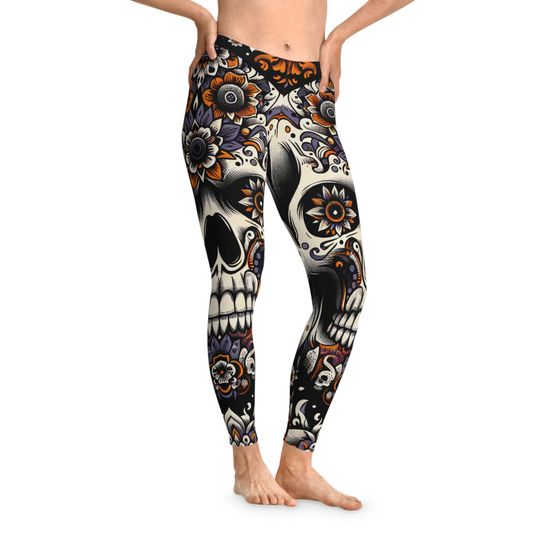 Stretchy Halloween Sugar Skull Leggings, Day of the Dead Skeleton Tights, Spooky Gothic Yoga Pants