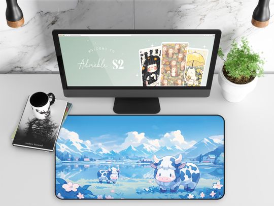 Kawaii Gaming Desk Mat, Cute Anime Cow Mouse Pad, Kawaii Anime Blue Landscape Desk Pad