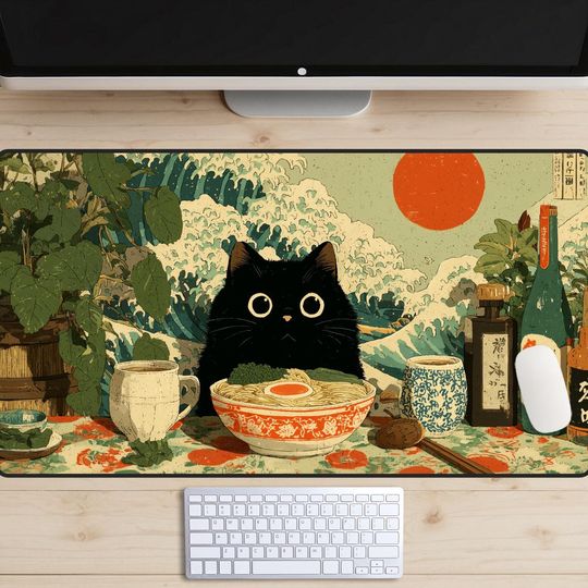 Vintage Japanese Ramen Shop Desk Mat, Black Cat Desk Pad, Cute Ramen Shop Desk Topper