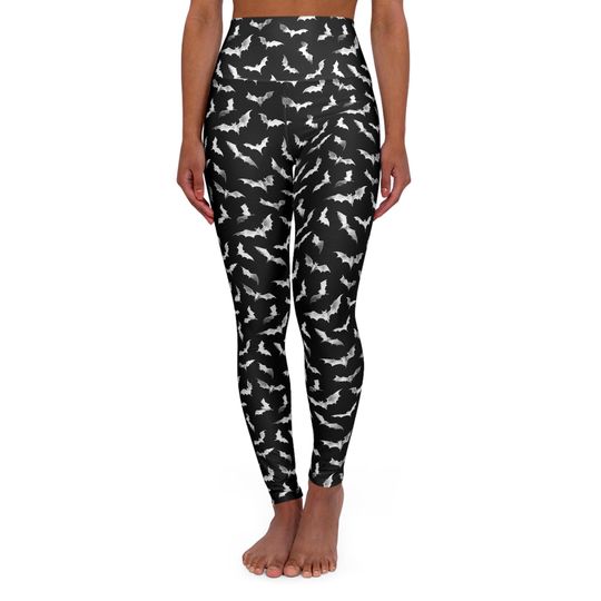 Spooky Bat Print High Waist Yoga Leggings - Halloween Activewear, Workout Pants