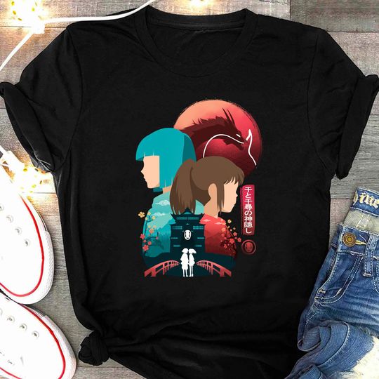 Studio Ghibli Spirited Away Shirt, Haku, Chihiro, No Face Vintage Anime Minimal TShirt