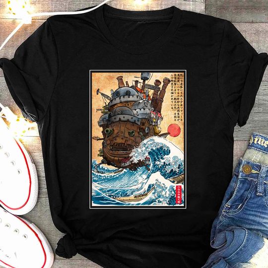 Studio Ghibli Moving Castle Shirt, Great Wave Kanagawa Japanese Anime Miyazaki TShirt