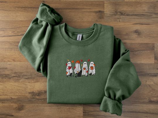 Embroidered Spooky Fall Sweatshirt, Vintage Halloween Ghost & Pumpkin sweater, Halloween gift