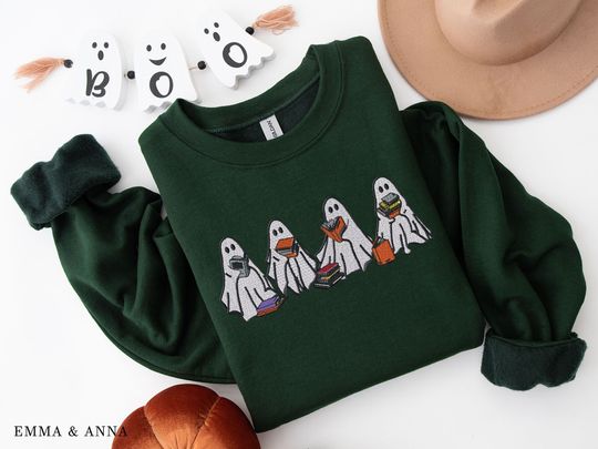 Embroidered Ghost Halloween Sweatshirt, Book Lover Gift, Fall Ghost Shirt, Halloween Sweater