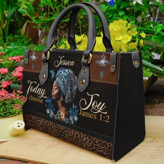 Personalized Leather Handbag For African American Women, Leather Bag With Jesus Motivational For Black Girl, Tote Bag Gift Christian