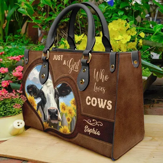 Personalized Pu Leather Handbag For Women, Just A Girl Who Lovers Cows Tote Bag Gift, Cow Lovers Bag Gift For Her, Birthday Bag Gift