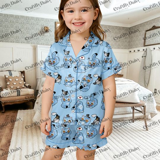 Kpop Demon Hunters Blue Tiger Kids and Youth Pajama Set, Jinus Pets from K-pop Demon Hunters, Derpy Tiger & Magpie Pajama Set