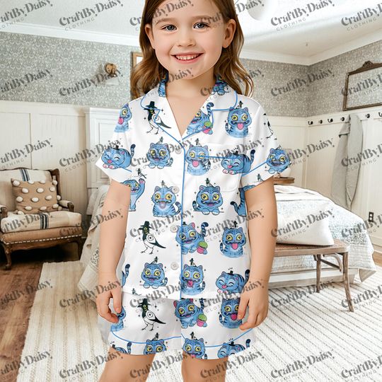 Kpop Demon Hunters Blue Tiger Kids and Youth Pajama Set, Jinus Pets from K-pop Demon Hunters, Derpy Tiger & Magpie Pjs Set