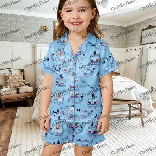 Kpop Demon Hunters Blue Tiger Kids and Youth Pajama Set, Jinus Pets from K-pop Demon Hunters, Derpy Tiger & Magpie Pajama Set