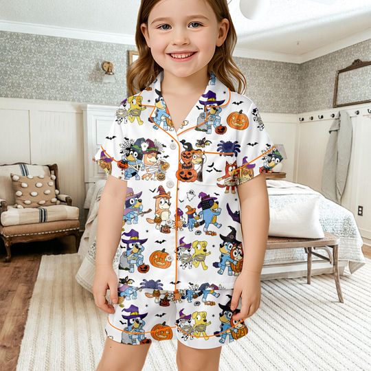 BlueyDad Halloween Pajamas Set, Booey Kids Halloween Short Sleeve Pjs Set, Spooky Vibes, Blue Cartoon, Halloween Kids Gift Shirt
