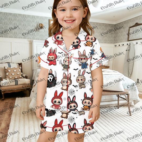 Labubu Halloween Kids Pajamas Set, Labubu Horror Character Short Sleeve PJs for Toddler Boys Girls , Labubu Halloween Sleepwear