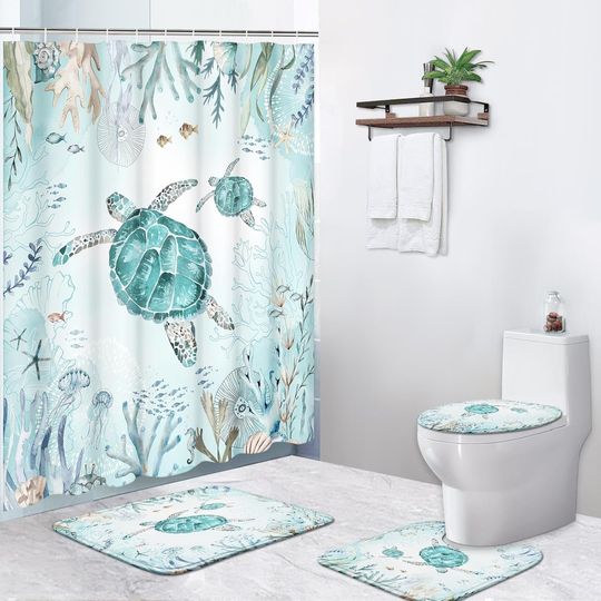 4 Piece Shower Curtain Set, Sea Turtle Waterproof Bathroom Set
